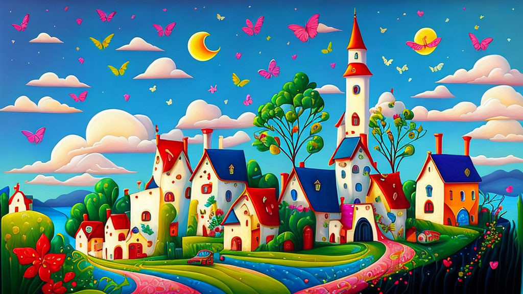 Colorful houses, clock tower, river, butterflies under starry sky