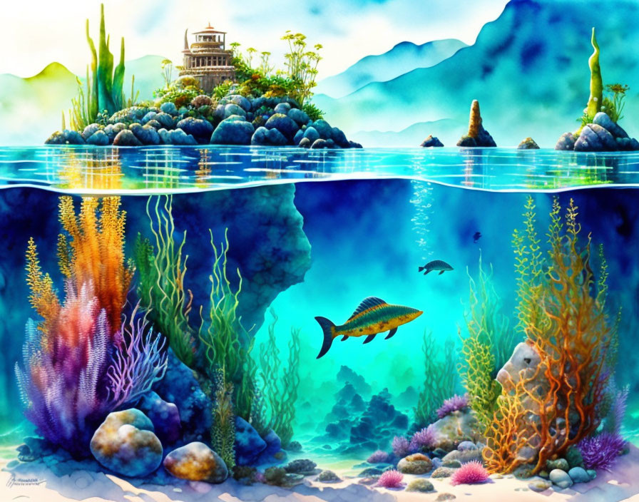 Colorful Coral and Fish in Vibrant Underwater Scene