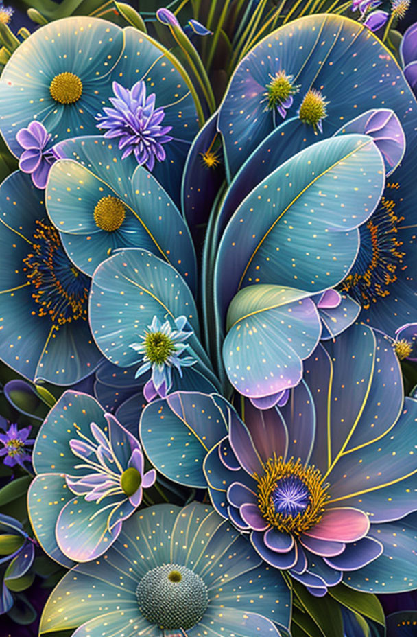 Colorful digital artwork featuring blue and green stylized flowers with intricate glowing details