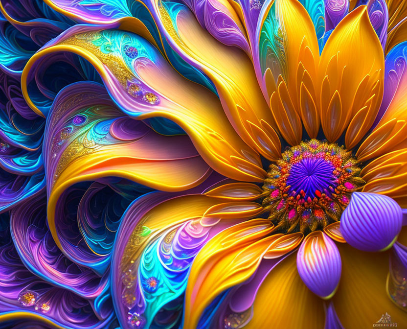 Abstract Flower Digital Art with Psychedelic Swirls