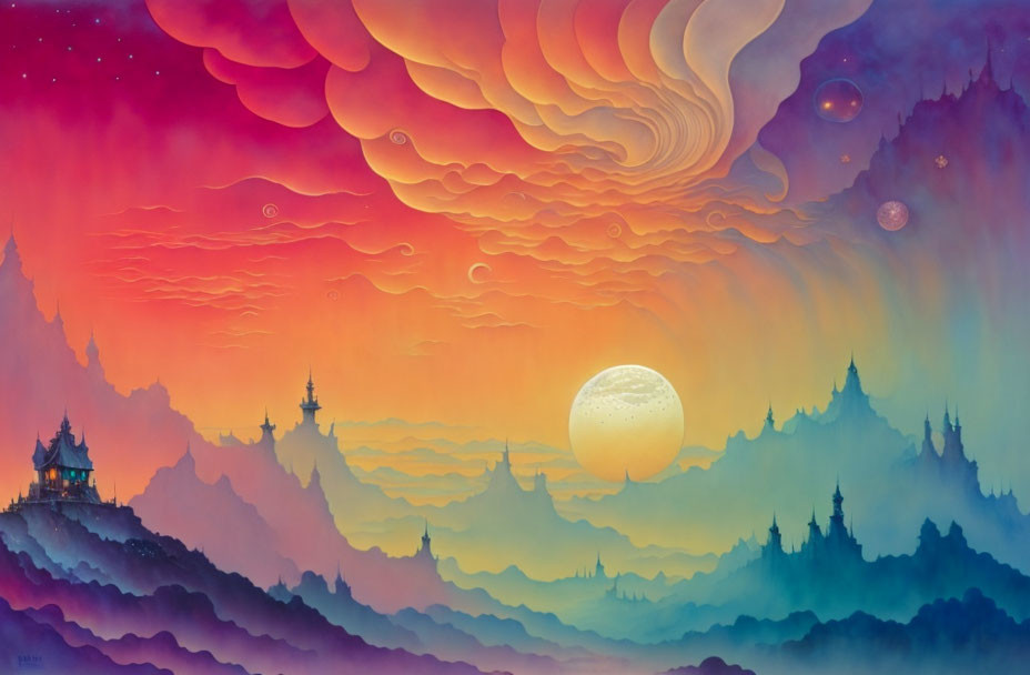 Colorful Dreamlike Landscape with Moon, Mountains, and Pagodas