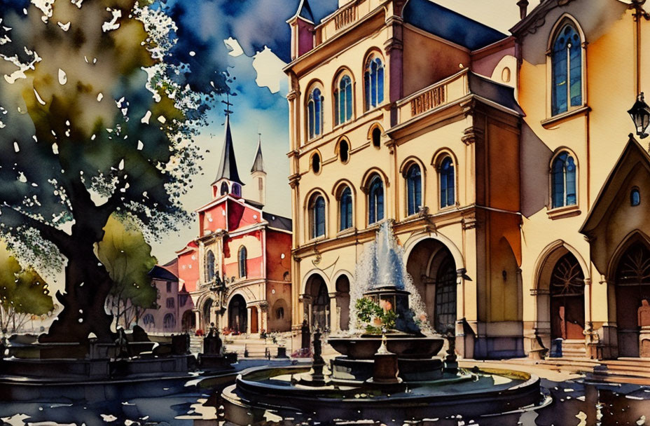 European-style square watercolor painting with fountain and historic architecture