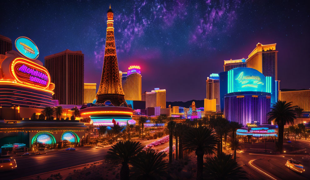 Las Vegas Strip night scene with illuminated casinos and Eiffel Tower replica