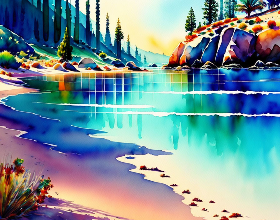 Serene lake watercolor with forest reflection and gradient sky