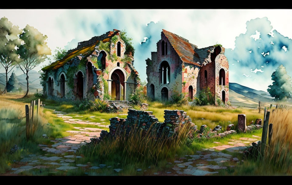 Abandoned church watercolor: serene scene with overgrown vegetation