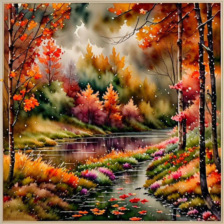 Tranquil autumn river scene with colorful foliage