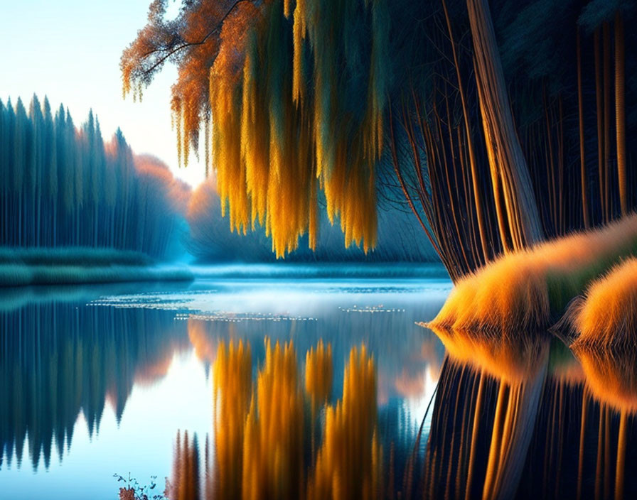 Tranquil lake with willow trees and forest in warm golden light