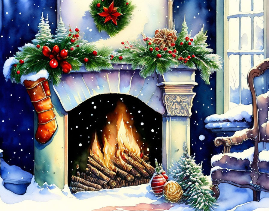 Winter fireplace with mantel decorations and snowy window