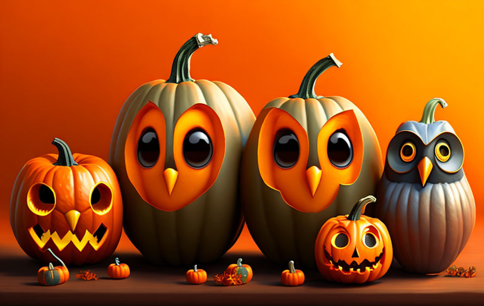 Stylized pumpkin owls on orange background with candies