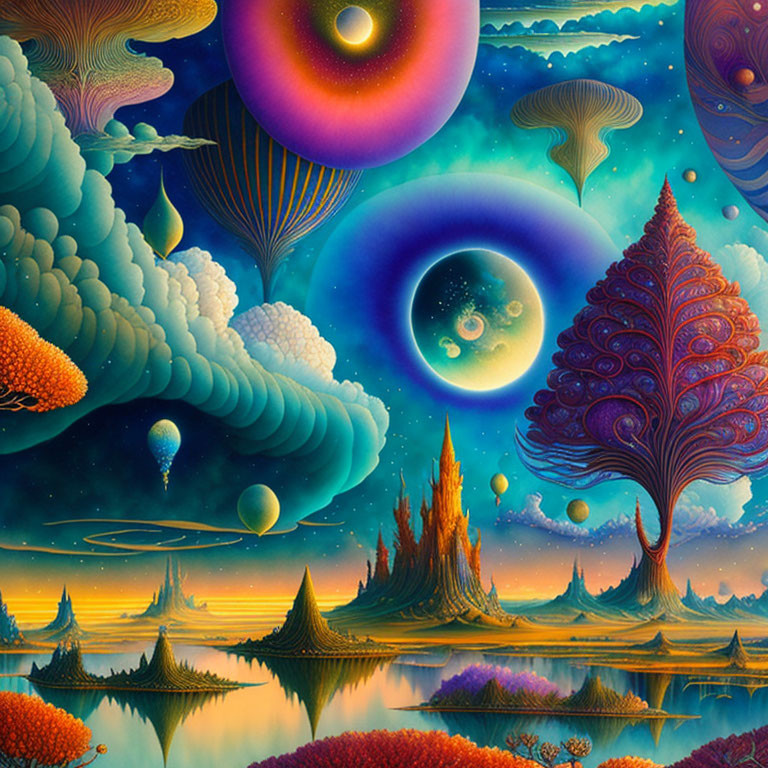 Colorful surreal landscape with whimsical trees and floating orbs