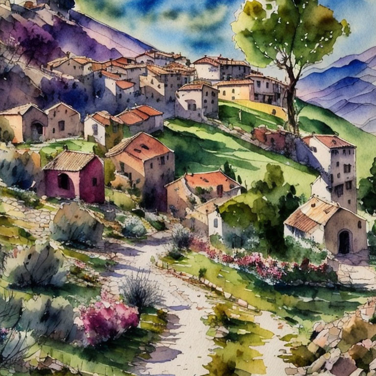 Quaint village watercolor painting with stone houses, church, and colorful flowers