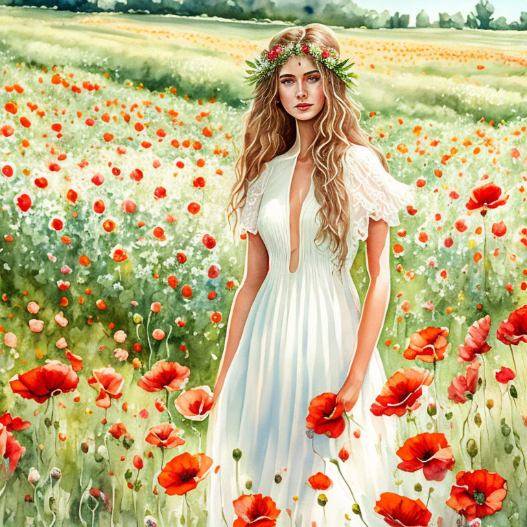 Woman in white dress standing in poppy field with floral wreath, serene pastoral backdrop