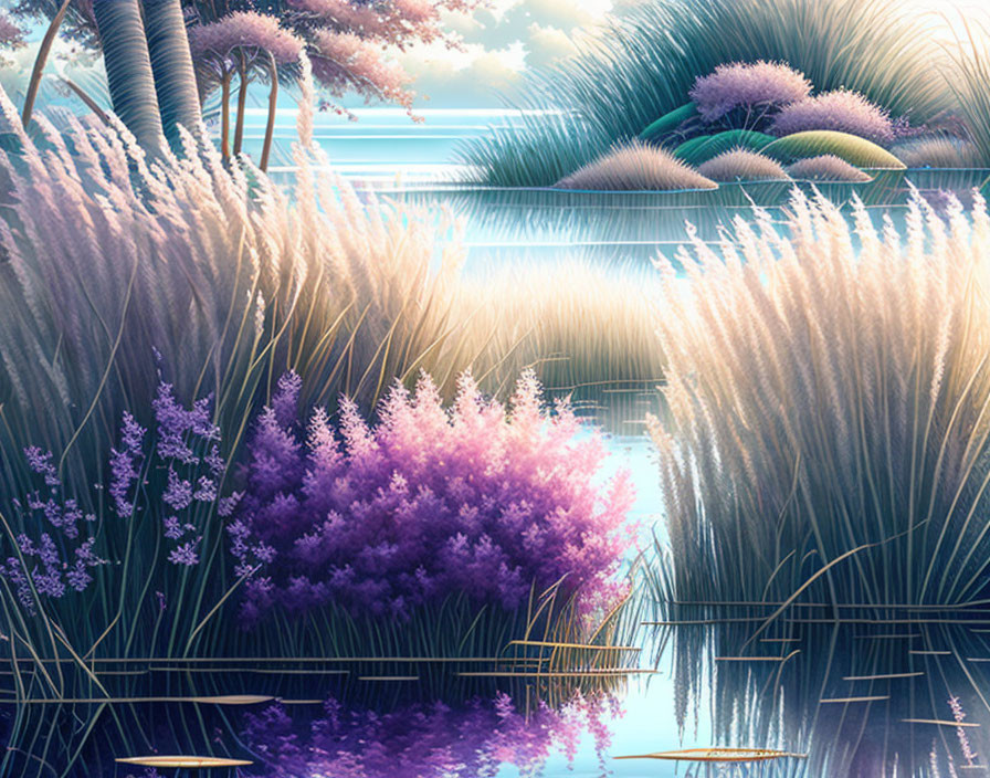 Tranquil digital art landscape with purple and white flora near still water