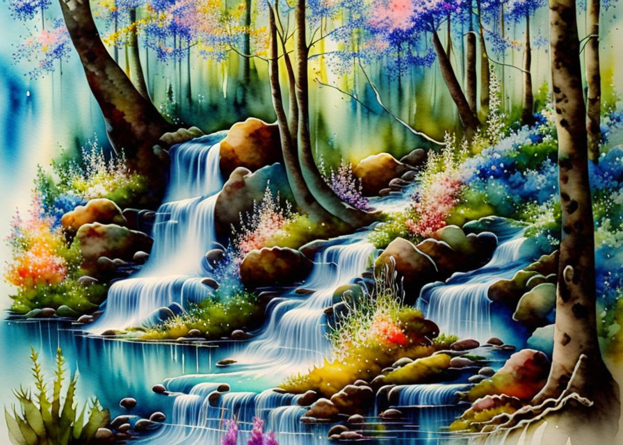 Colorful Watercolor Painting of Whimsical Forest & Waterfalls