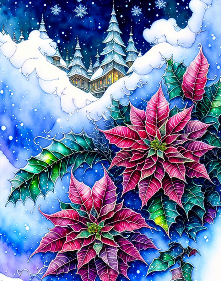 Festive illustration: Red poinsettia flowers, snow-covered castle, starry night sky