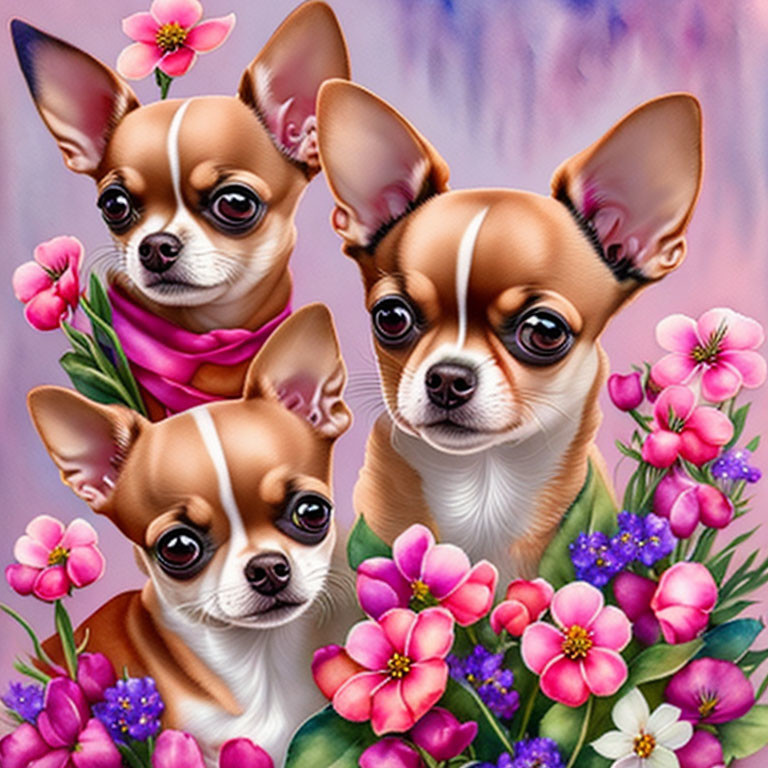 Three Chihuahuas with expressive eyes in a floral setting on purple background