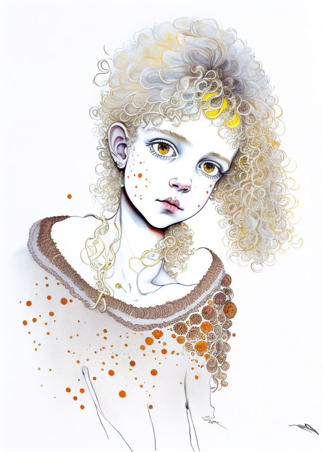 Portrait of a person with pale skin, curly blonde hair, and lace collar.