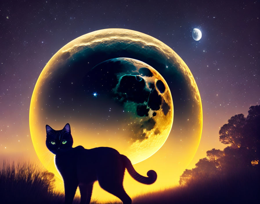 Silhouette of cat against surreal moonlit backdrop