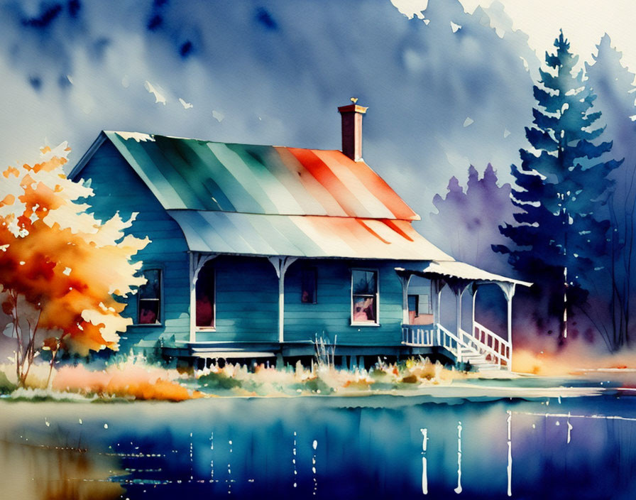 Serene autumn lake house watercolor painting