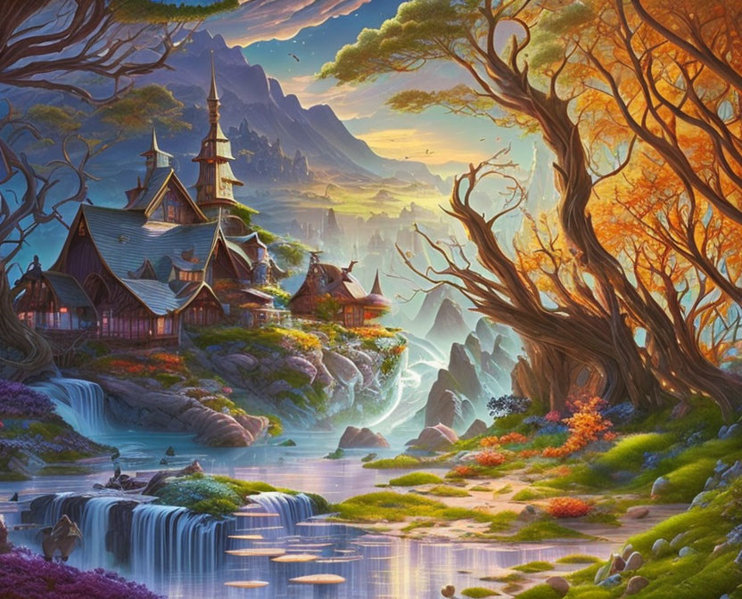 Fantastical landscape with cottage, waterfalls, flora, and mystical mountains