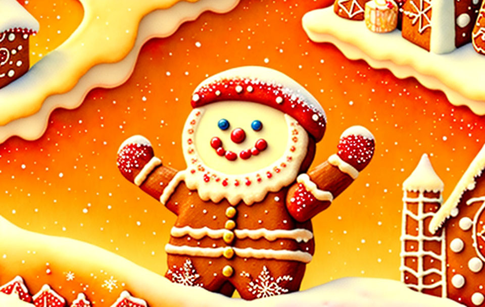 Vibrant gingerbread man with red hat in candy-filled scene