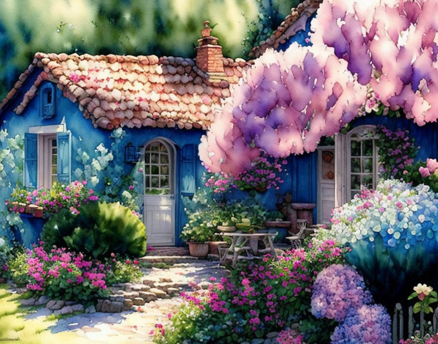 Blue Cottage with Terracotta Roof and Vibrant Garden Landscape