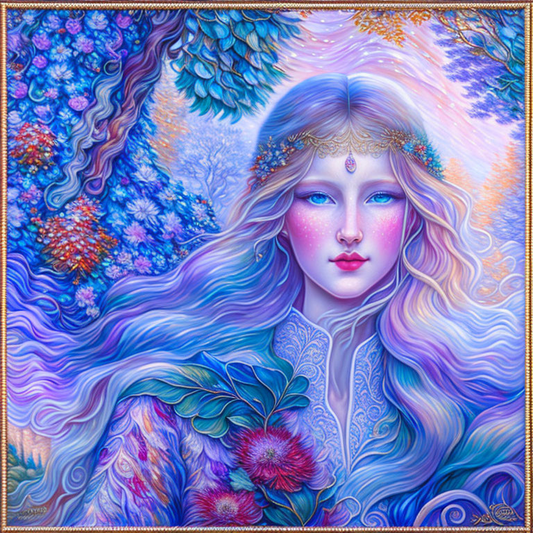 Colorful Illustration: Woman with Lilac Hair & Floral Crown in Fantasy Setting