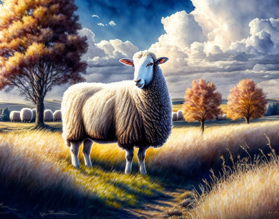 White Sheep in Golden Field with Autumn Trees and Dramatic Sky