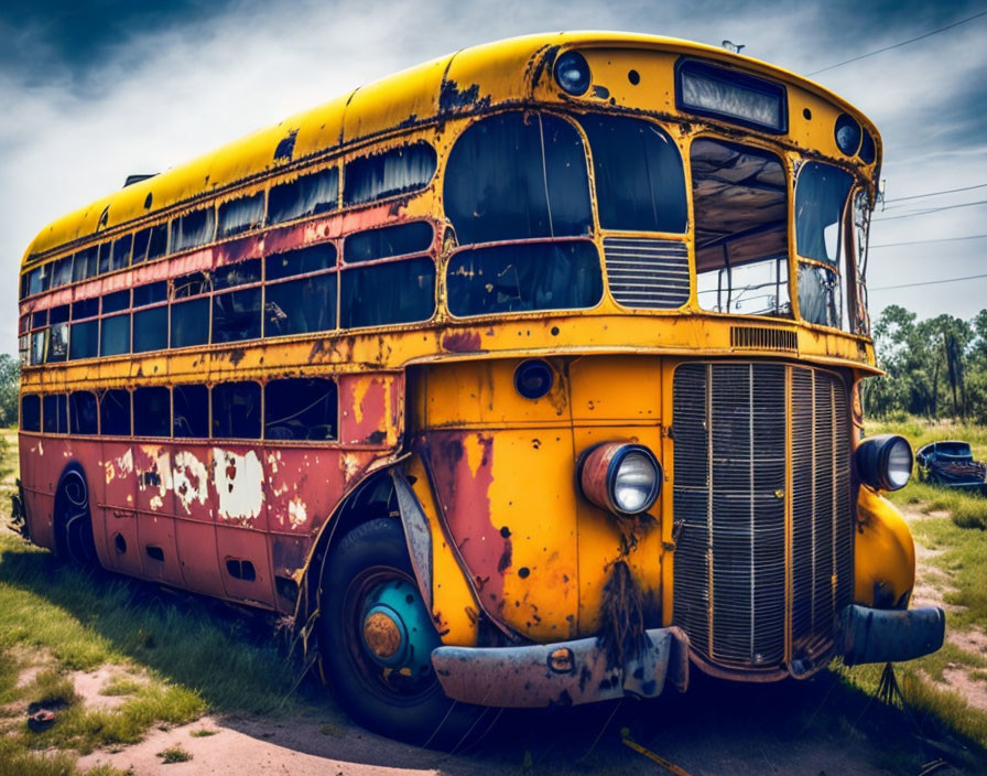 Faded yellow school bus in overgrown field under cloudy sky