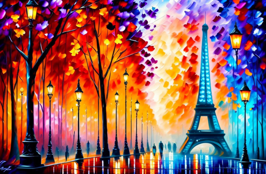 Colorful Parisian Scene: Eiffel Tower, Autumn Trees, Street Lamps