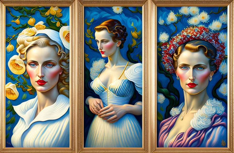 Stylized portraits of a woman with floral motifs in ornate triptych frames