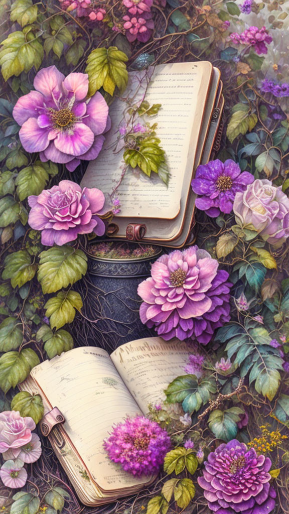 Blank Pages Open Book Surrounded by Purple Flowers