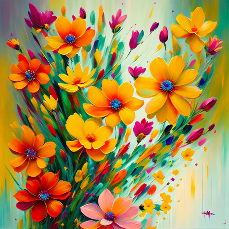 Colorful Flower Bouquet Painting on Green Background