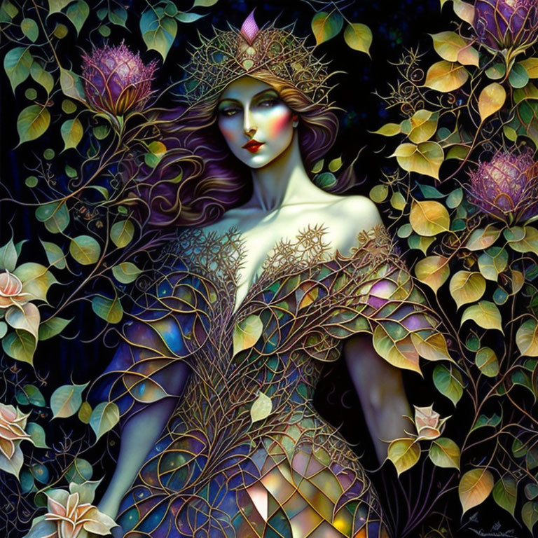 Mystical artwork of woman with nature-inspired design and elaborate crown