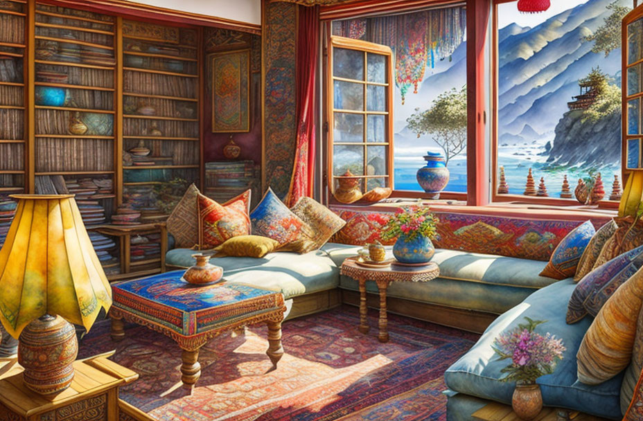 Inviting reading nook with cozy couches, colorful cushions, bookshelves, and scenic wall