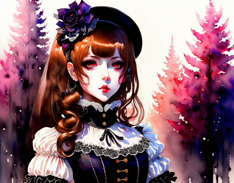 Gothic Lolita Girl in Black Dress and Hat with Purple Trees