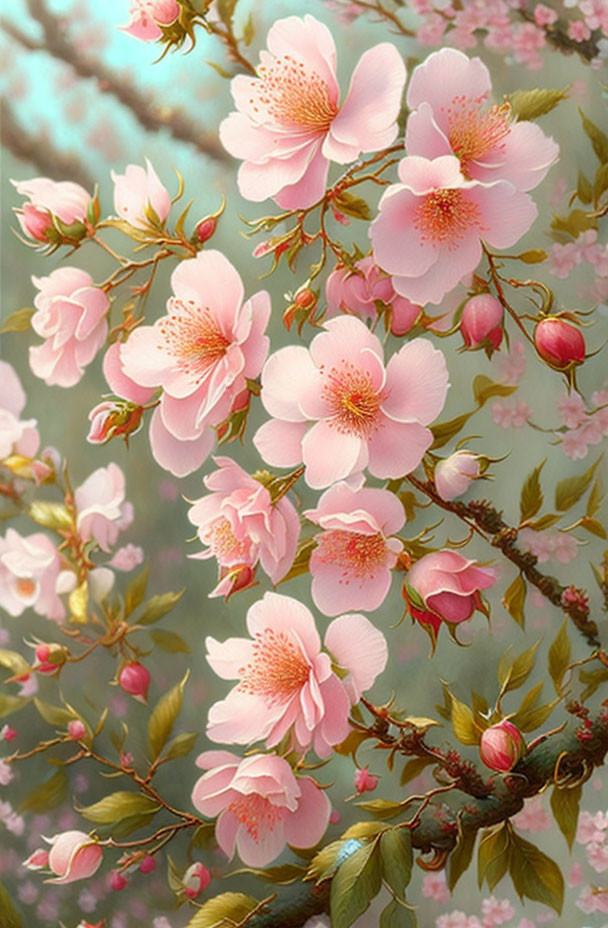 Pink Cherry Blossoms in Full Bloom Against Verdant Backdrop