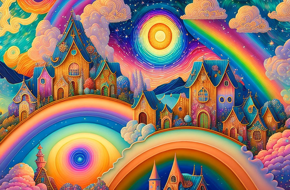 Fantastical landscape with whimsical houses and colorful skies