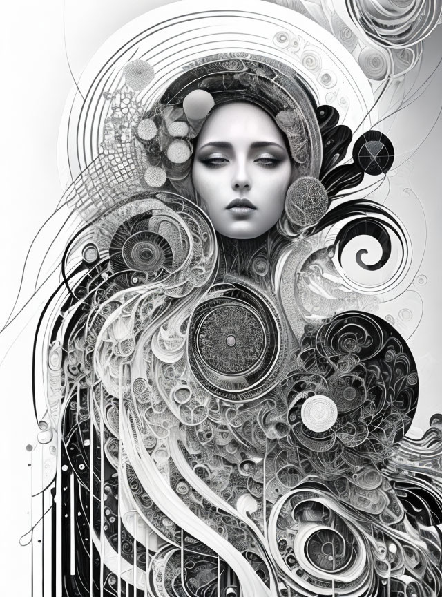 Monochrome artwork of woman's face with swirling patterns