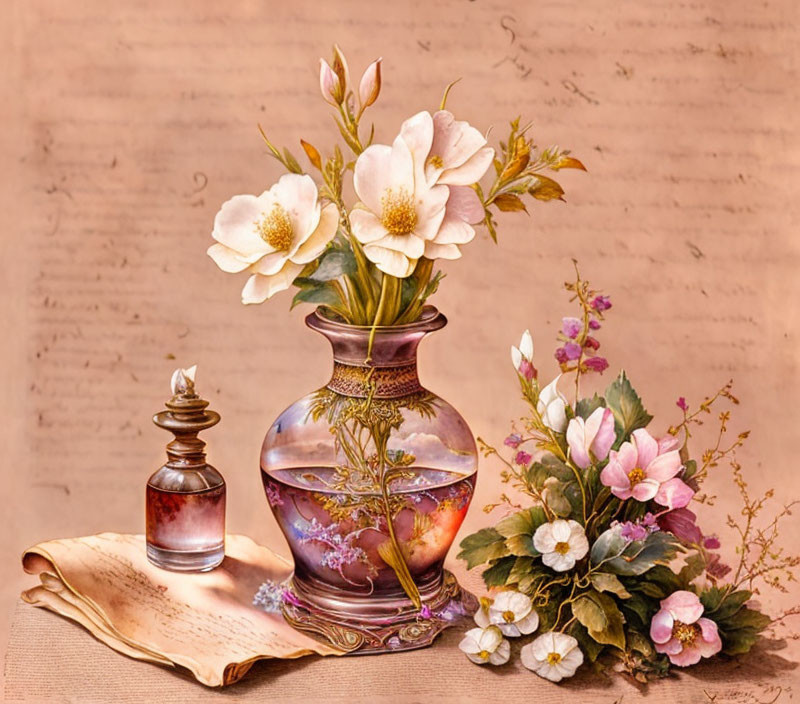 Floral still life painting with vase, inkwell, and bouquet