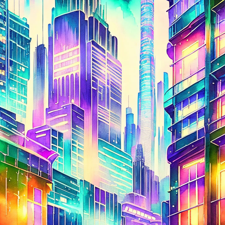 Futuristic cityscape illustration with neon-lit skyscrapers