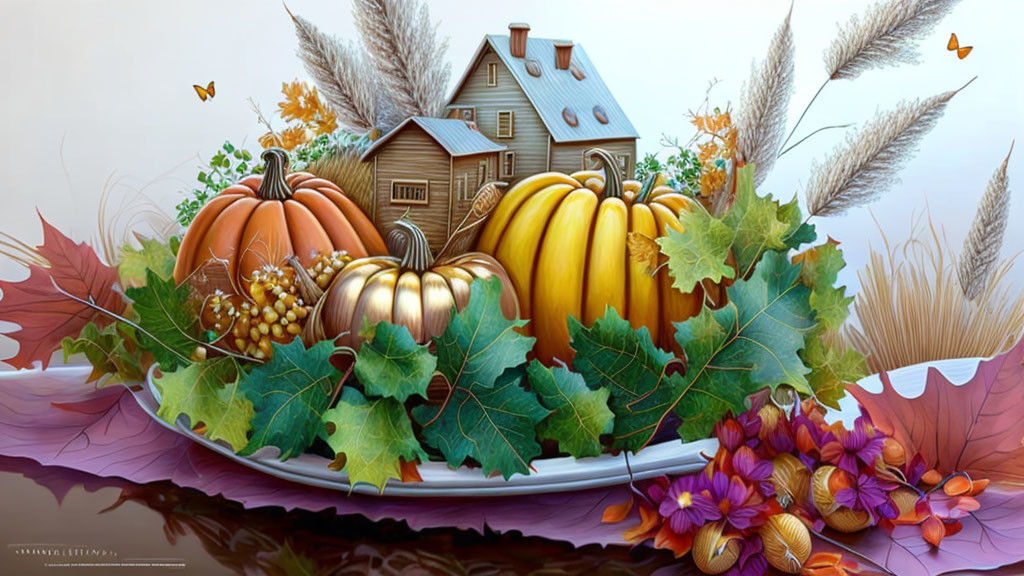 Vibrant autumn illustration: pumpkins, grapes, leaves on boat, wooden house.