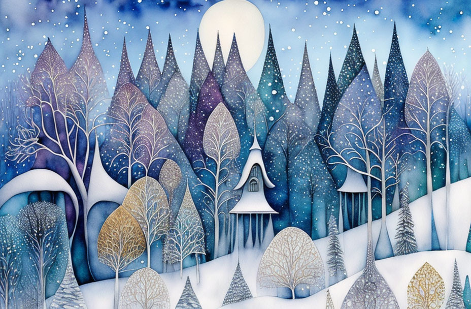 Whimsical winter landscape with stylized trees and cottage