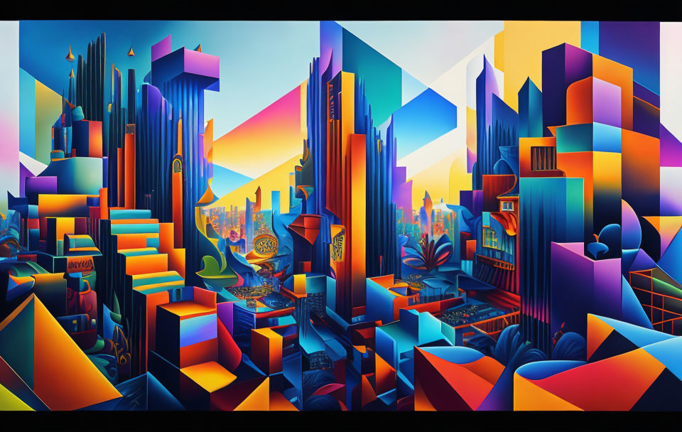 Abstract Geometric Cityscape with Colorful Gradient Sky