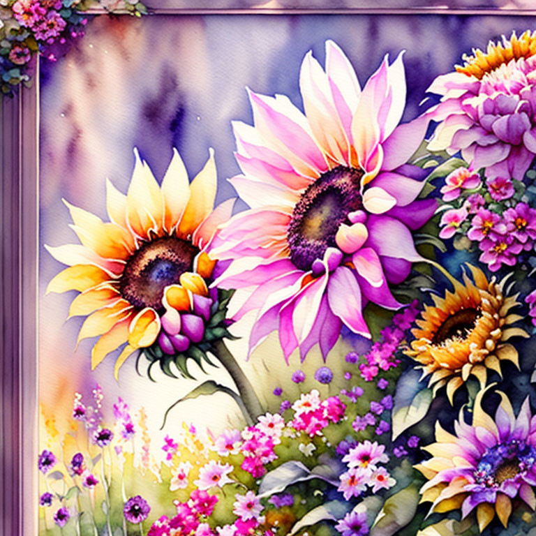 Colorful sunflowers and pink blooms painting with textured purple tones