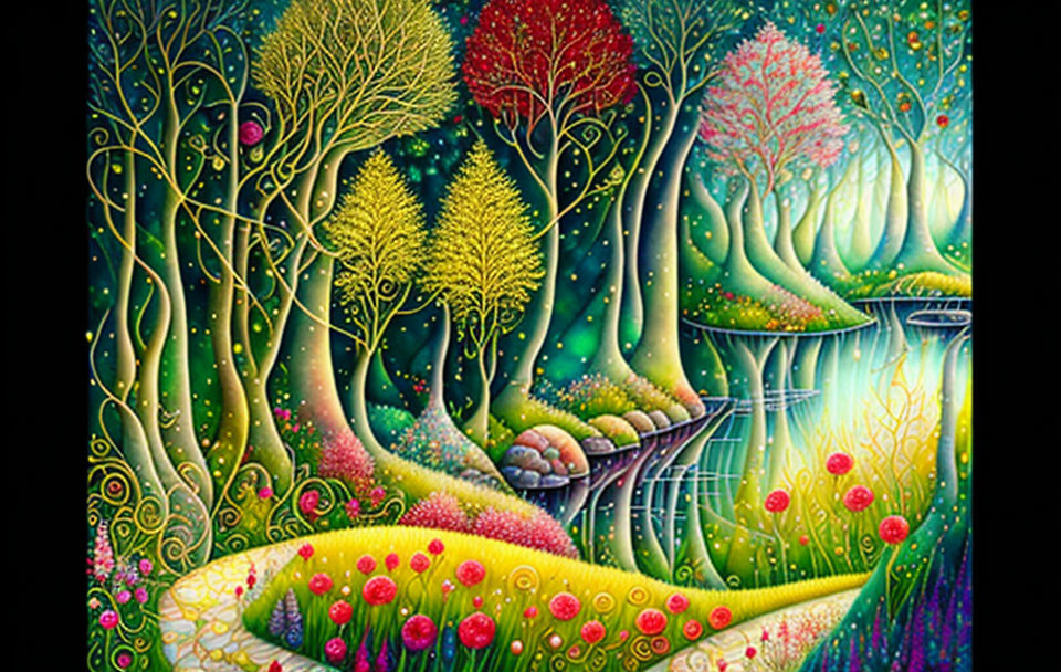 Colorful, whimsical painting of magical forest with patterned trees and golden path