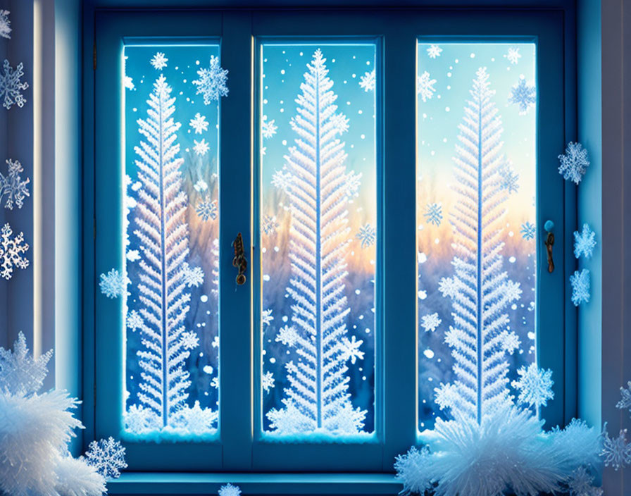 Blue festive door with snowflake decorations and snowy fir tree silhouettes.