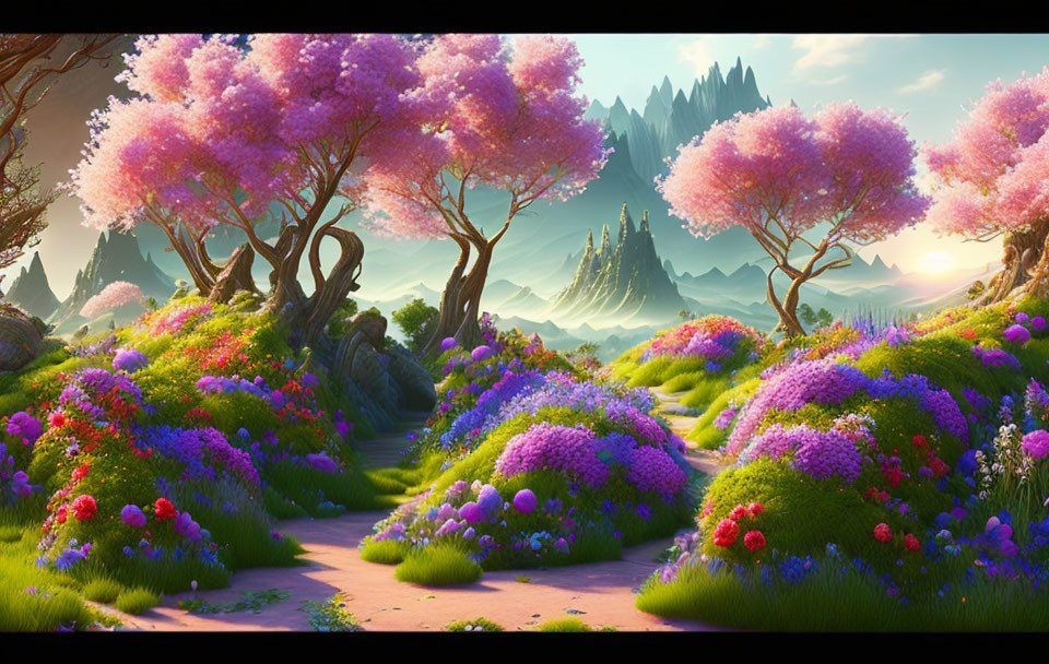 Colorful Fantasy Landscape with Pink Blossoming Trees and Flower-Covered Hills