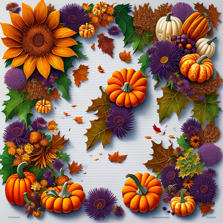 Vibrant Autumn Composition with Sunflowers, Pumpkins, Leaves, and Purple Flowers on White Background