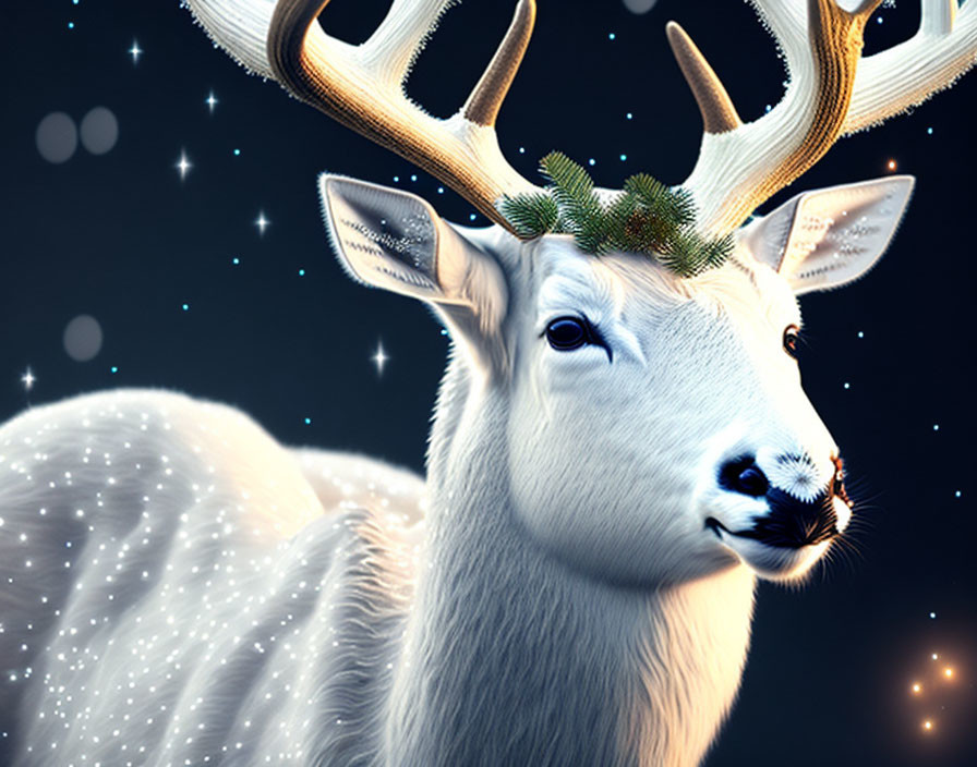 White reindeer with green wreath in starry night setting